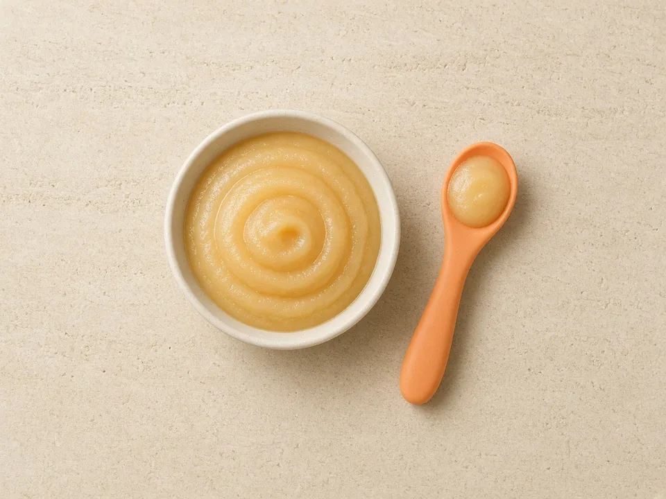 Applesauce for 6 months+: smooth or slightly lumpy, on a spoon
