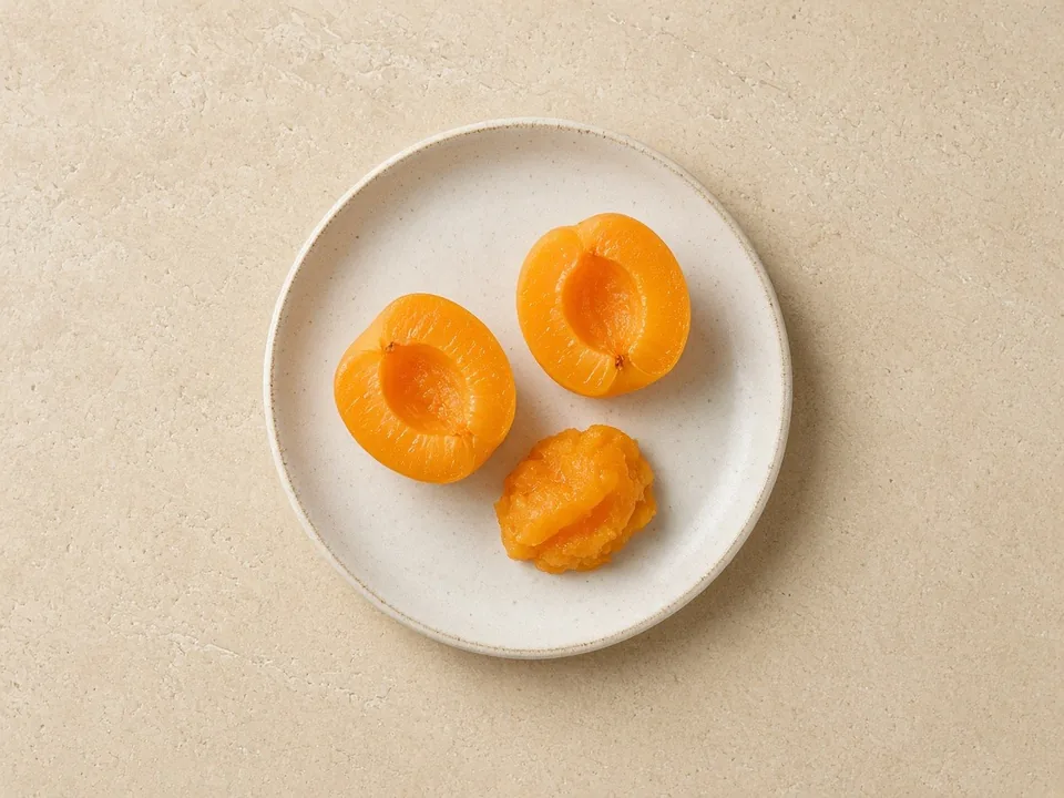 Apricot for 6 months+: ripe peeled halves, wedges or mash