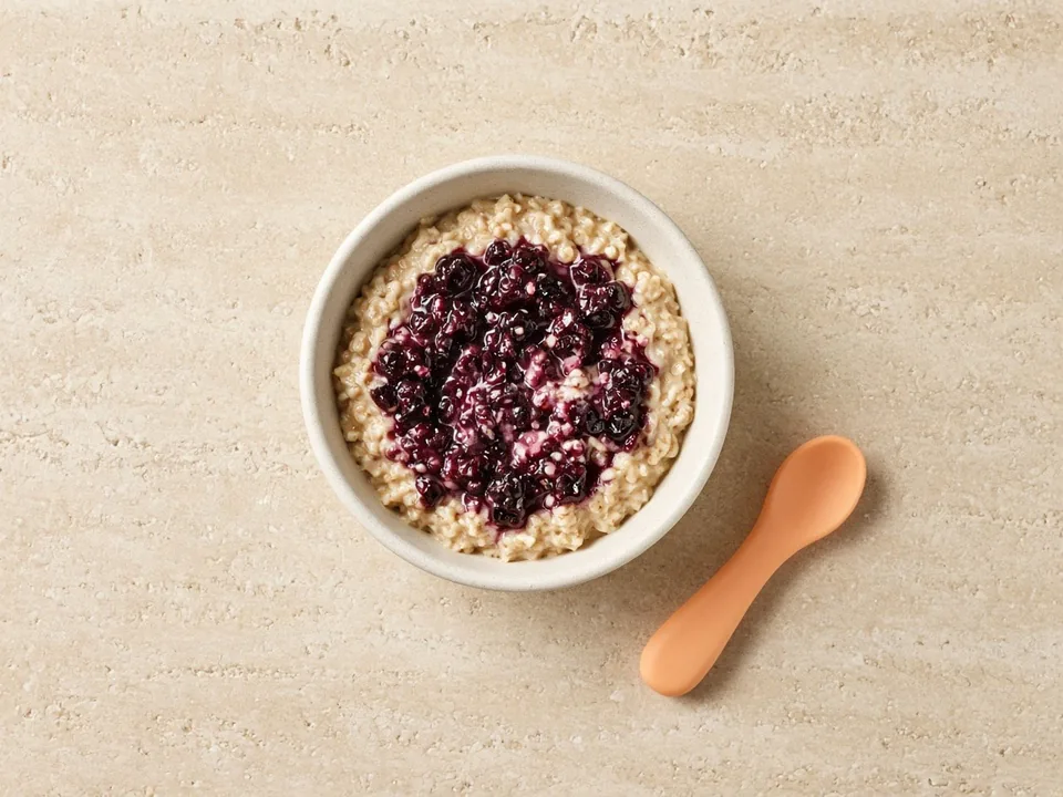 Blackcurrants for 9 months+: cooked and mashed, or squashed flat