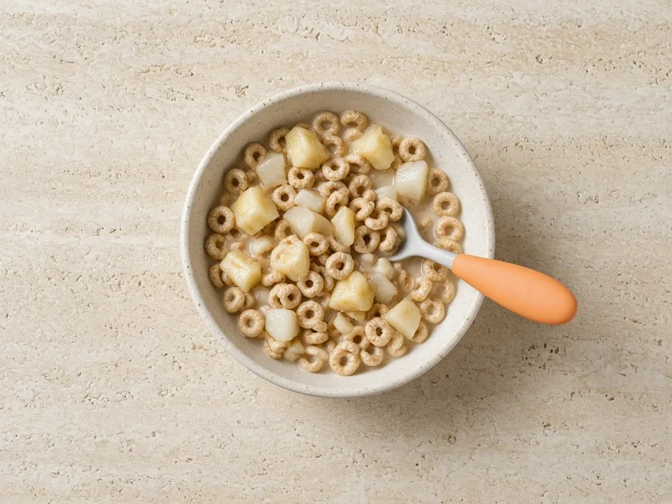 Breakfast cereal for 12 months+: a small bowl of cereal with milk