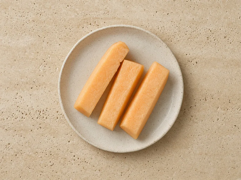 Cantaloupe for 6 months+: finger-sized sticks, rind and seeds removed