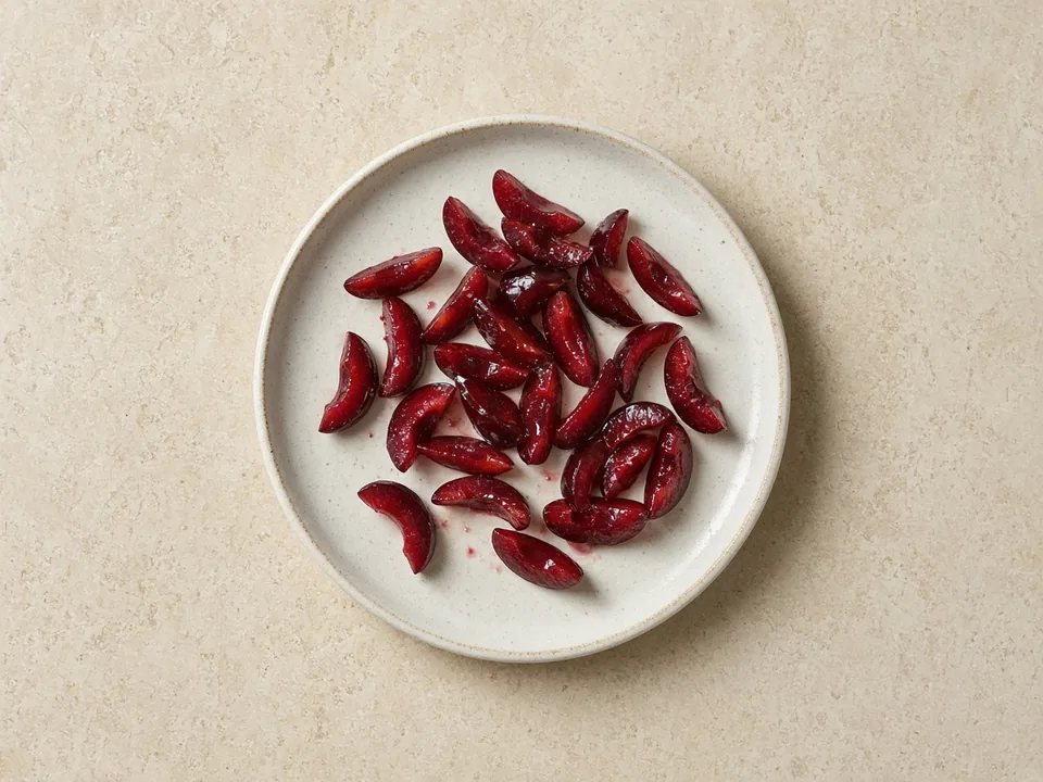 Cherries for 12 months+: pitted and quartered lengthwise