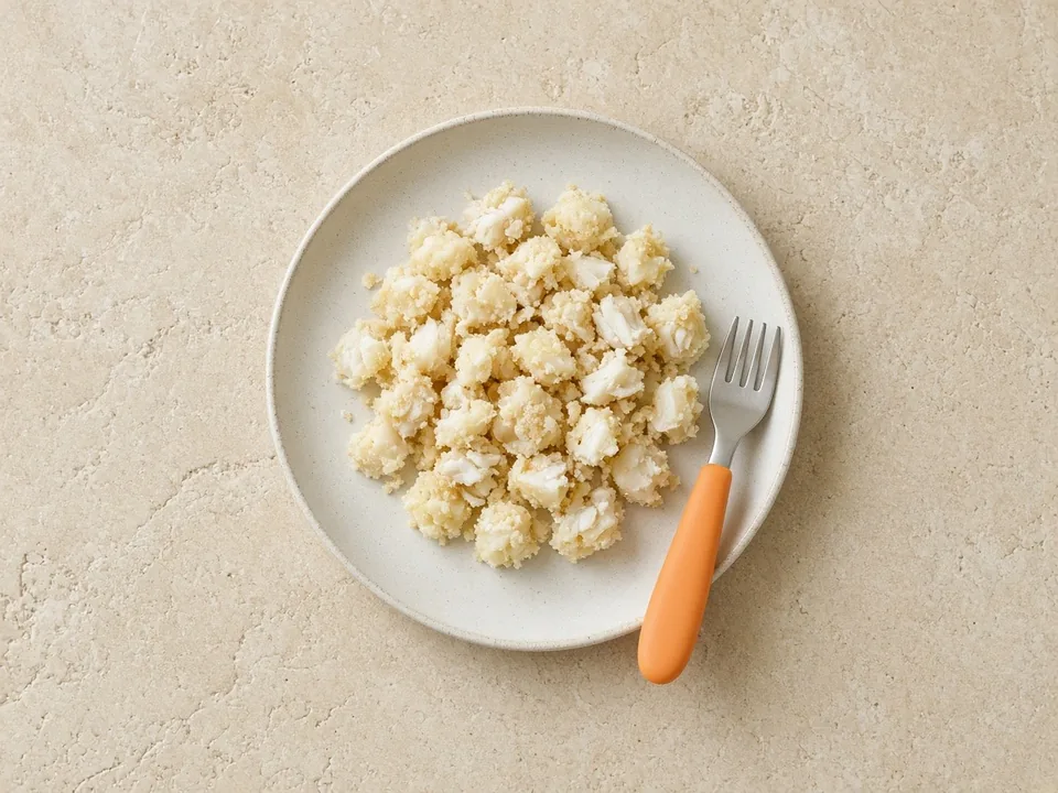 Fish cakes for 12 months+: fish cakes cut into pieces