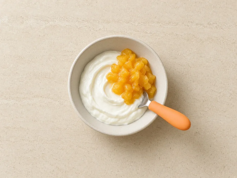Greek yogurt for 12 months+: bowl of yogurt with fruit