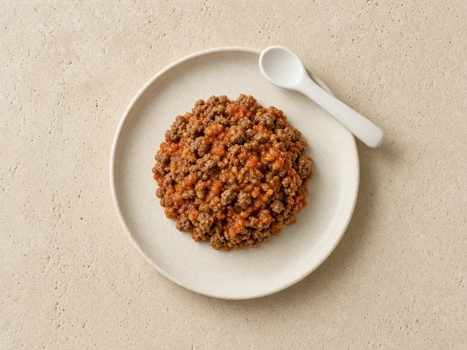 Ground beef for 9 months+: small crumbles in sauce, or patty pieces
