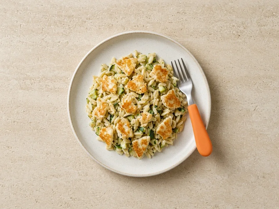 Halloumi for 18 months+: thin cooked pieces with family meals
