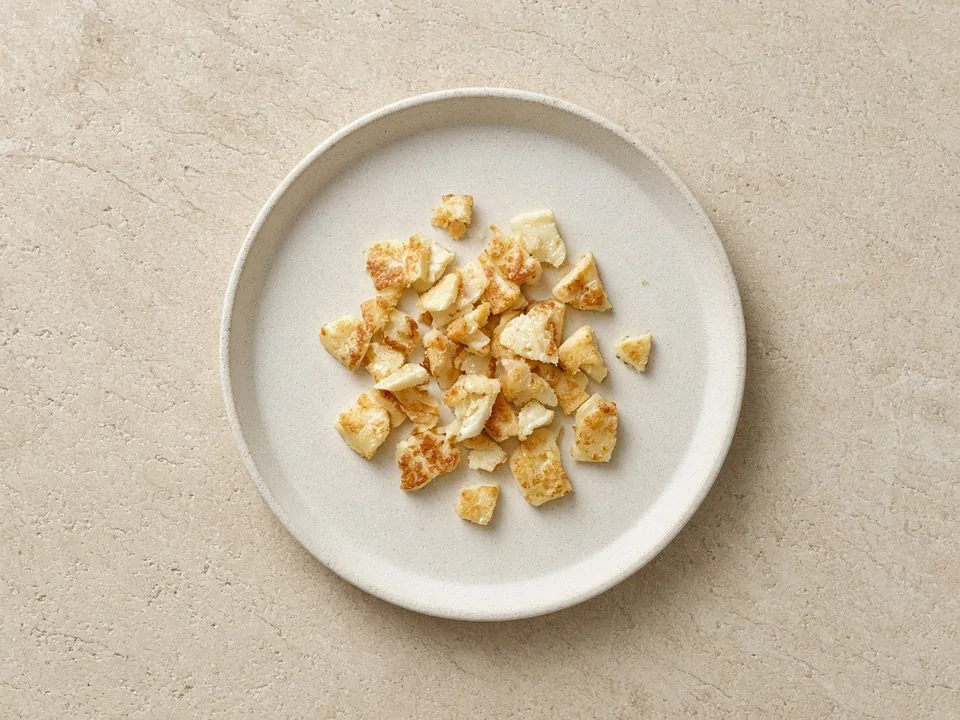Halloumi for 9 months+: finely grated, or very thin cooked pieces