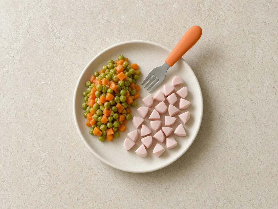 Hot dog for 12 months+: quartered strips, cut into small pieces