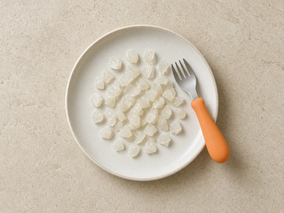 Longan for 12 months+: peeled, seeded and quartered lengthwise