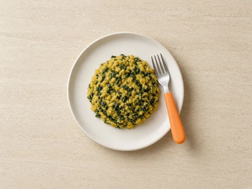 Mustard greens for 12 months+: chopped cooked greens in family meals