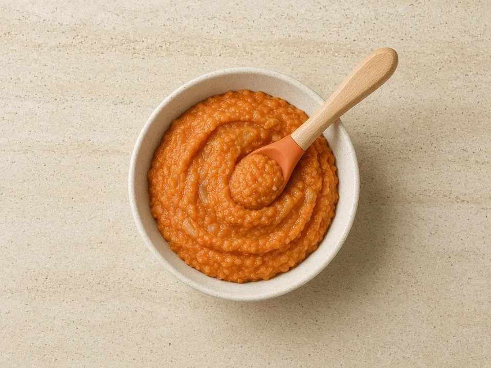 Onion for 6 months+: soft-cooked onion mashed into food