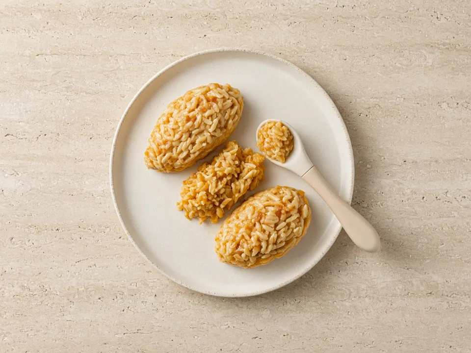 Orzo for 6 months+: soft orzo mixed into a mash, or soft patties