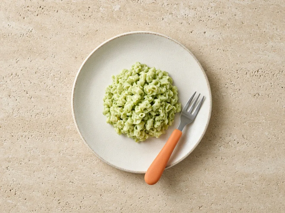 Pesto for 12 months+: a little homemade pesto, blended smooth, stirred into food