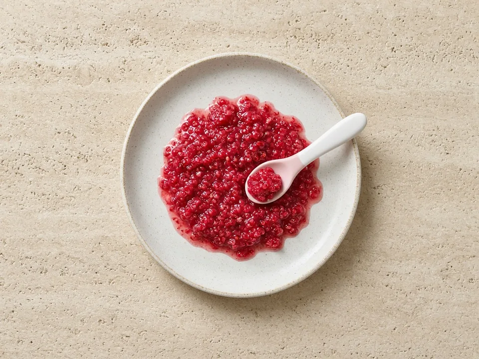Raspberries for 6 months+: squashed flat or mashed
