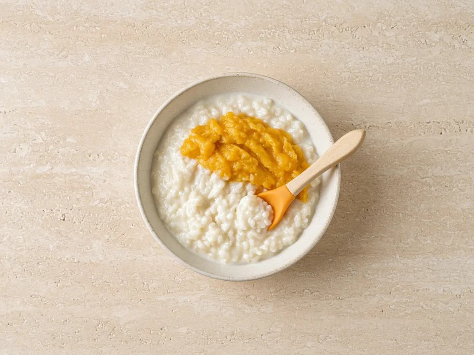Rice pudding for 9 months+: thicker homemade pudding with soft fruit