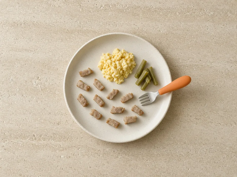 Sausage for 2 years+: quartered strips, still cut small