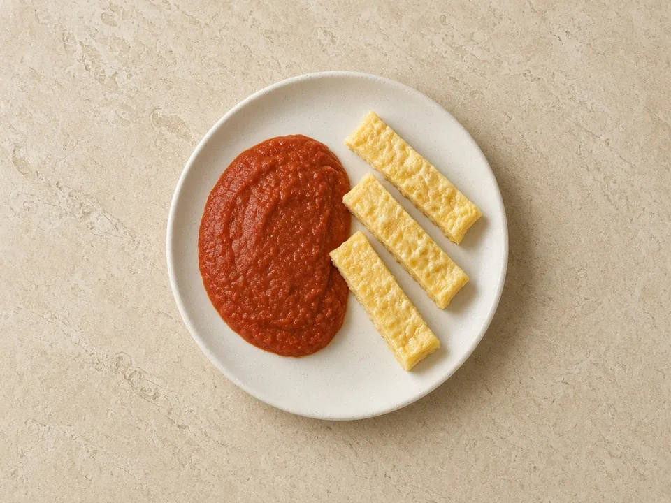Shakshuka for 6 months+: firm egg strips with thick tomato sauce