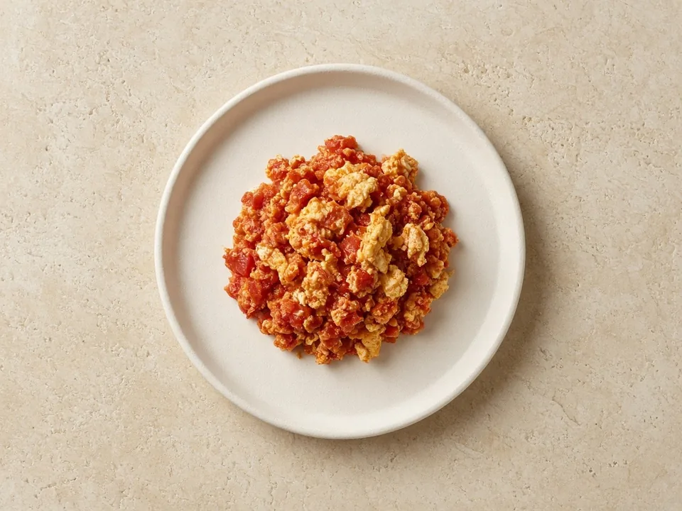 Shakshuka for 9 months+: chopped egg in thick sauce
