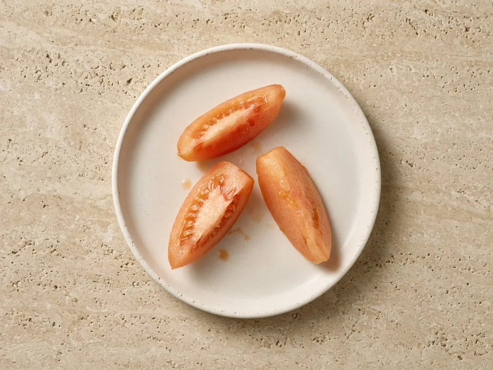 Tomato for 6 months+: large ripe wedges, or cherry tomatoes quartered and flattened